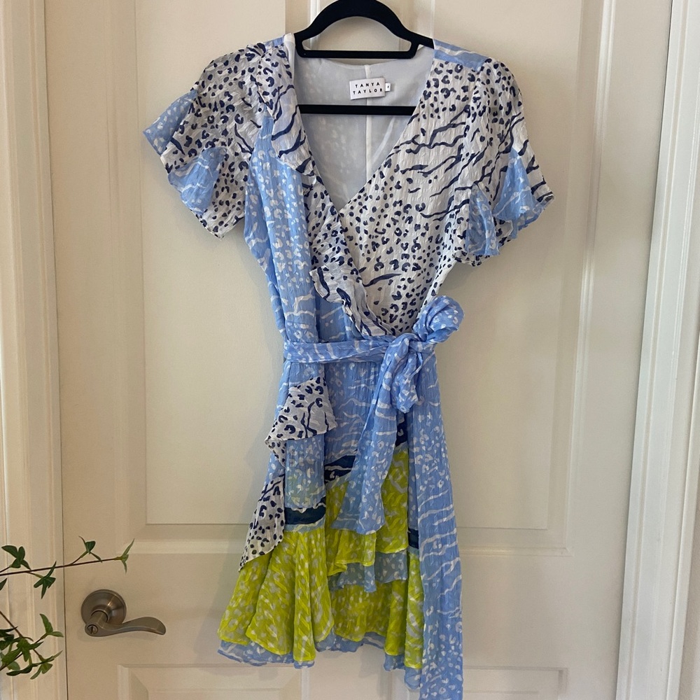 Tanya Taylor Dress Bianka Animal Silk Wrap Mini Ruffle Tie Waist Blue Yellow 2